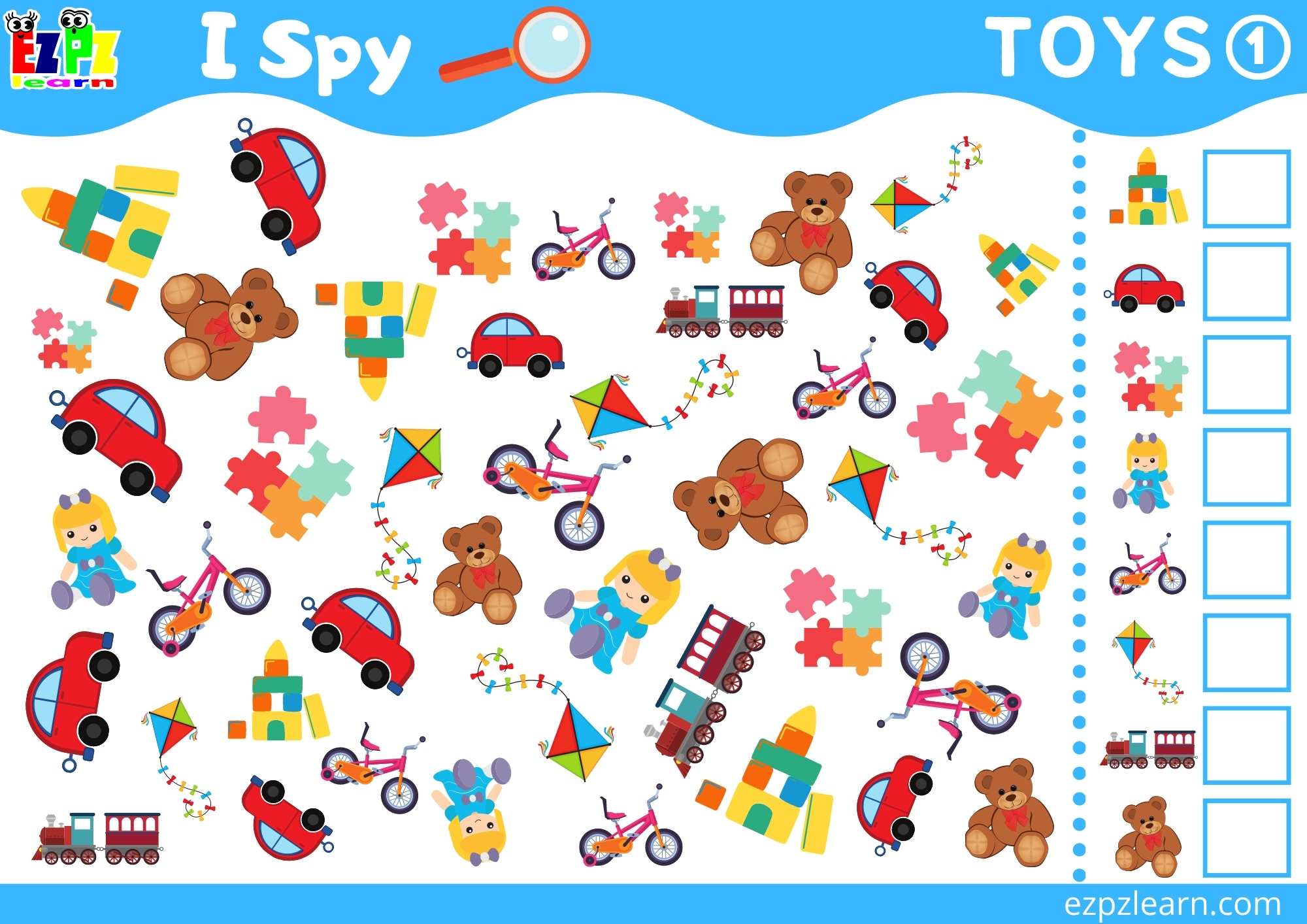 Toys Topic I Spy Game for kids Free PDF Download - Ezpzlearn.com